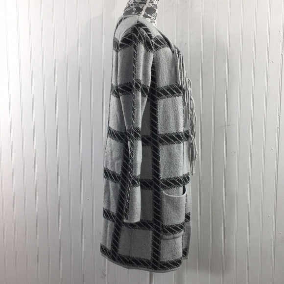 Adrienne Vittadini Black Gray Longline Cardigan Womens Medium Windowpane Plaid - Picture 2 of 10